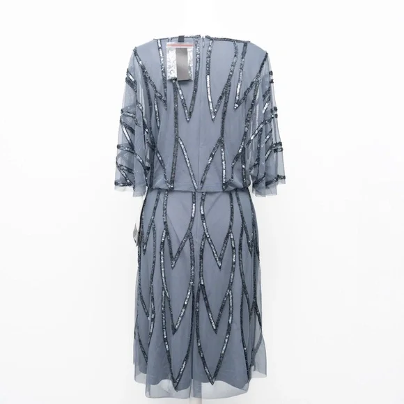 Adrianna Papell‎ - Beaded Mesh Flutter-Sleeve Dress - Picture 3 of 12